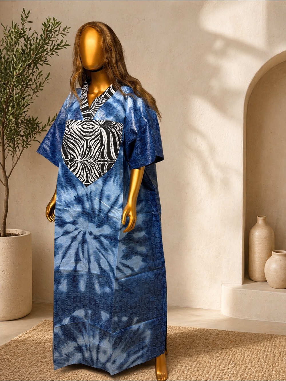 Blue Tie-Dye Maxi Dress with Zebra Pocket